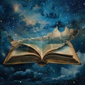 Open ancient book floats in starry night sky Royalty Free Stock Photo