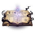 Open Ancient Spell Book with Magic Light on White Background Digital Art Royalty Free Stock Photo