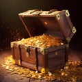 open ancient wooden chest full of gold coins pirate treasure 3d illustration Royalty Free Stock Photo