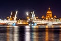 Open Annunciation Blagoveshchensky bridge and St. Isaac`s cathedral dome at night, Saint Petersburg, Russia Royalty Free Stock Photo