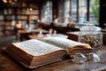 Open Antique Book with Glasses and Jar in Library Royalty Free Stock Photo