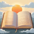 Open antique book with handwritten text against a sunset sky and clouds open book old book Royalty Free Stock Photo