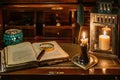 Open antique book on which a magnifying glass rests. are found on a wooden desk on leather. Two lighted lanterns are incorporated