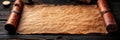 Open Antique Parchment Manuscript Scroll on Rustic Wood Table with Writing Supplies, Top View
