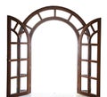 Open arched wooden door on a white background