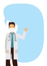 Open arm young doctor with giant speech bubble against white isolated background Royalty Free Stock Photo