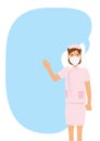 Open arm young nurse with giant speech bubble against white isolated background Royalty Free Stock Photo