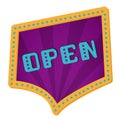 Open an arrow with neon lights. Retro label with bulbs.The opening of the store. Grand opening. Royalty Free Stock Photo