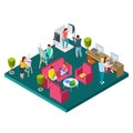 Open art space isometric vector concept. Illustration of artists, designers, photographers in co-working zone