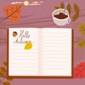 Open Autumn Daily Diary notepad, list schedule, goals, to do, acorn, autumn leaves, coffe cup. Personal planning and Royalty Free Stock Photo