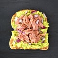 Open avocado sandwich with tuna against dark slate