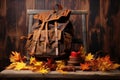 open backpack with autumn leaves on a rustic table