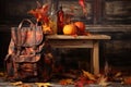 open backpack with autumn leaves on a rustic table