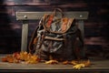 open backpack with autumn leaves on a rustic table