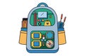 Open backpack displaying organized technology devices, robotics tools, and smart gadgets for science and AI related designs