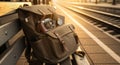 Open backpack with a retro camera and compass on a bench at a sunlit train station Royalty Free Stock Photo