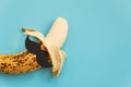 Open bad banana with black paper mustache. Sexually transmitted diseases concept Royalty Free Stock Photo