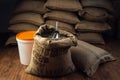 Open bag full of raw coffee beans with metal scoop, in the background of the warehouse Royalty Free Stock Photo