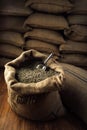 Open bag full of raw coffee beans with metal scoop, in the background of the warehouse Royalty Free Stock Photo