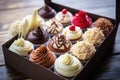an open bakery box with a selection of cupcakes Royalty Free Stock Photo