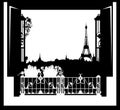 Balcony Window With Flowers And Paris View With Eiffel Tower Black Vector Silhouette