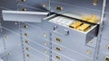 Open bank safe door with bills and gold inside 3d Royalty Free Stock Photo