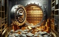 Open bank safe vault door with golden ingots peeking from inside Royalty Free Stock Photo