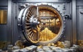 Open bank safe vault door with golden ingots peeking from inside Royalty Free Stock Photo