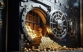 Open bank safe vault door with golden ingots peeking from inside