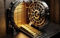 Open bank safe vault door with golden ingots peeking from inside