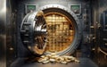 Open bank safe vault door with golden ingots peeking from inside