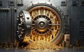 Open bank safe vault door with golden ingots peeking from inside