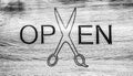 Open barbershop salon. Modern hair salon. Barbershop salon. Open barder shop. Man beard in barber shop. Black and white Royalty Free Stock Photo