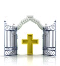 Open baroque gate with golden cross