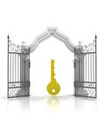 Open baroque gate with golden key Royalty Free Stock Photo