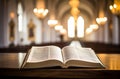 Open Bible on Church Altar with Blurred Background