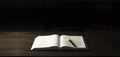 Open Bible book on a wooden table. A pen. The concept of love for God`s Word. Royalty Free Stock Photo