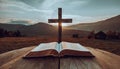 Open bible book on a wooden table at sunset with cross in front of it. Strong Christian faith Royalty Free Stock Photo