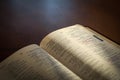 Open bible on a dark wood table Royalty Free Stock Photo