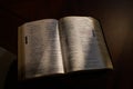 Open bible on a dark wood table Royalty Free Stock Photo