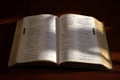 Open bible on a dark wood table Royalty Free Stock Photo