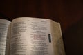 Open bible on a dark wood table Royalty Free Stock Photo