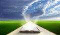 Open bible in field. Royalty Free Stock Photo