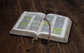 A open bible and golden cross on wooden background Royalty Free Stock Photo