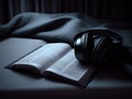 Bible and headphones resting on bedside table in soft room light Royalty Free Stock Photo