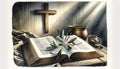 Open Bible with an olive branch on its pages and hanging wooden cross. Royalty Free Stock Photo