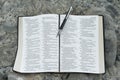 Open bible in Psalm 119 with a fountain pen. Stone background