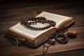 Open bible with rosary beads on wooden table. Generative AI Royalty Free Stock Photo