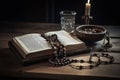 Open bible with rosary beads on wooden table. Generative AI Royalty Free Stock Photo