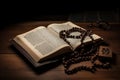 Open bible with rosary beads on wooden table. Generative AI Royalty Free Stock Photo